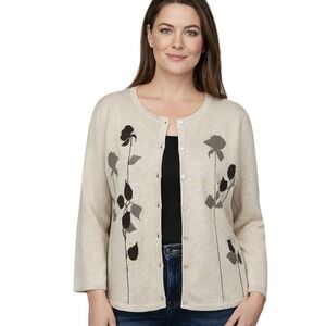 J.Jill Wool Cashmere Angora Floral Cardigan Women's XL Beige Cottagecore Mature